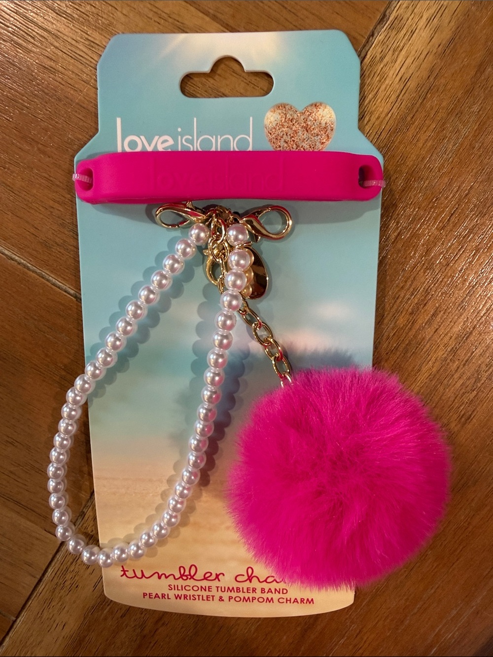 Love Island Hot Pink Faux Fur Pom Pom & Pearl Wristlet Charm